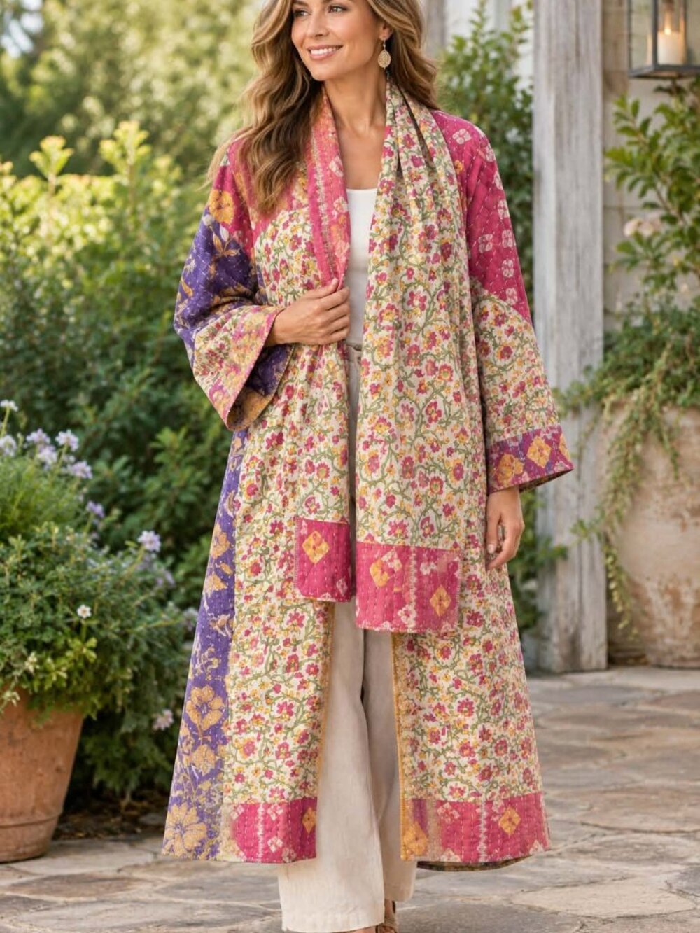 Women Handmade One Of A Kind Kantha Duster Open Front Kimono -Purple, floral